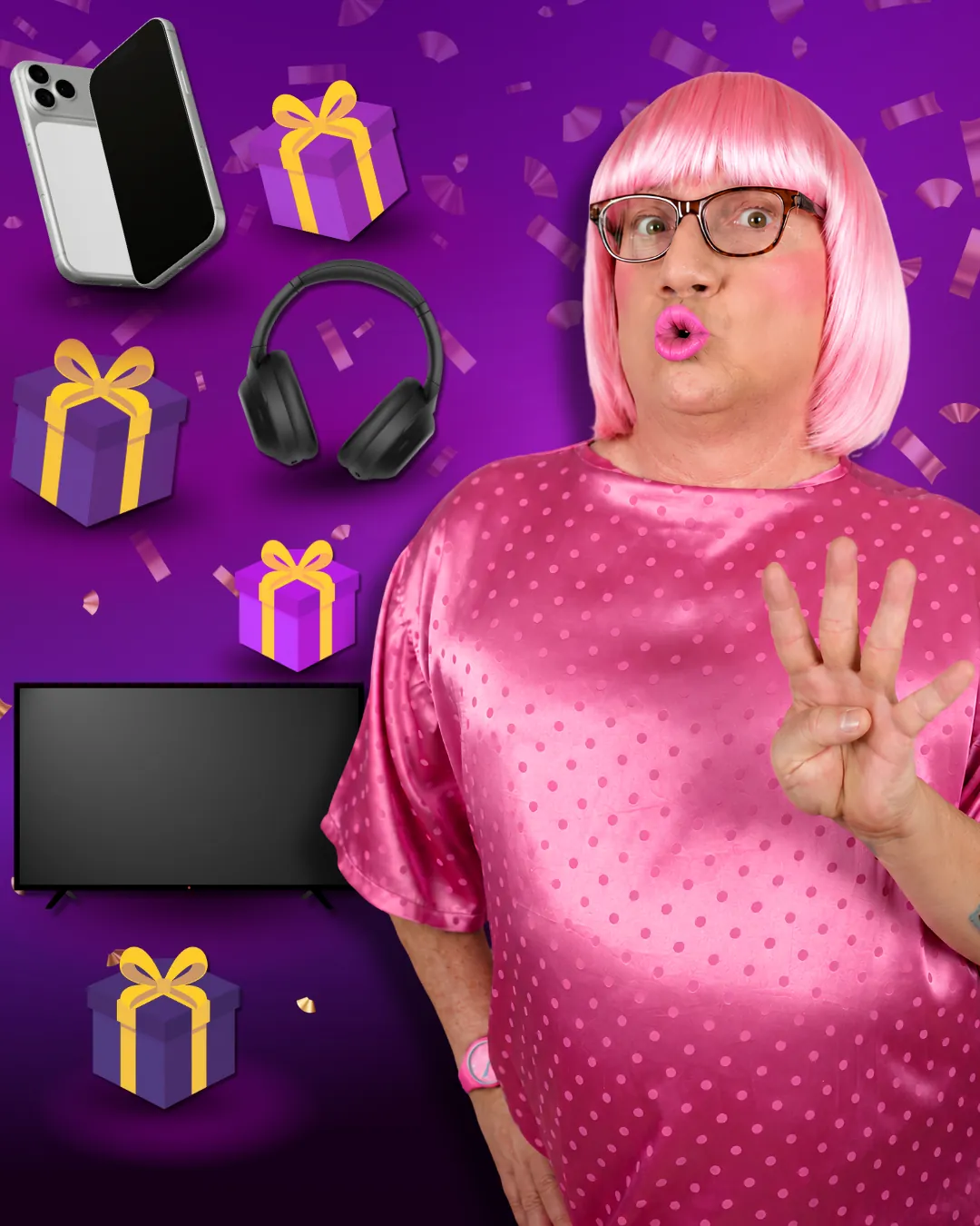 La Vecina levantando cuatro dedos entre los premios del mes: celular, televisor, audífonos y regalos